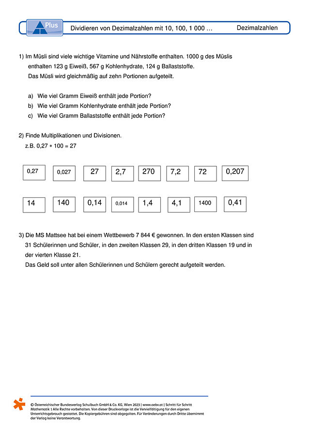 Dividieren von Dezimalzahlen mit 10, 100, 1 000 …