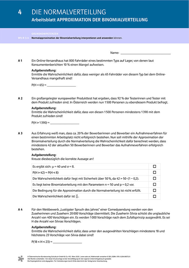 Arbeitsblatt - Approximation der Binomialverteilung