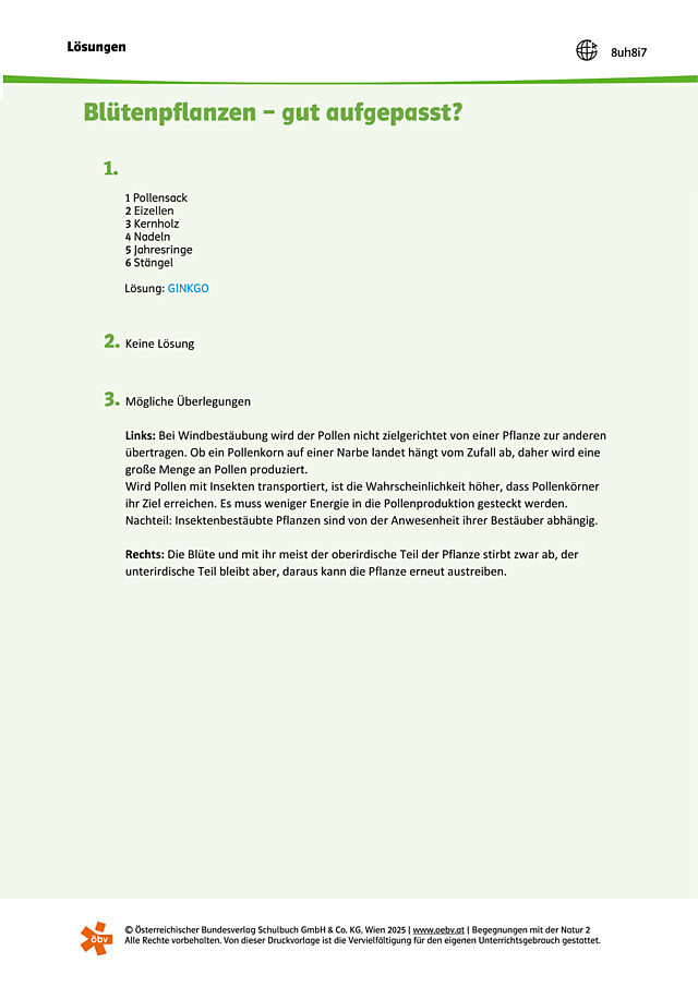 Gut aufgepasst? Lösungen - Blütenpflanzen