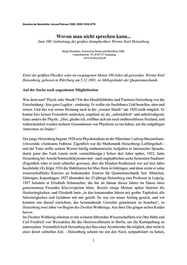 Artikel zum 100. Geburtstag von Werner Heisenberg