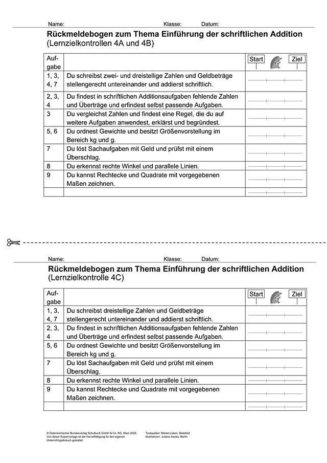Das Zahlenbuch 3, Lernzielkontrolle 4 Rückmeldebogen