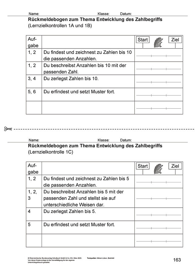 Das Zahlenbuch 1, Rückmeldebogen Lernzielkontrolle 1