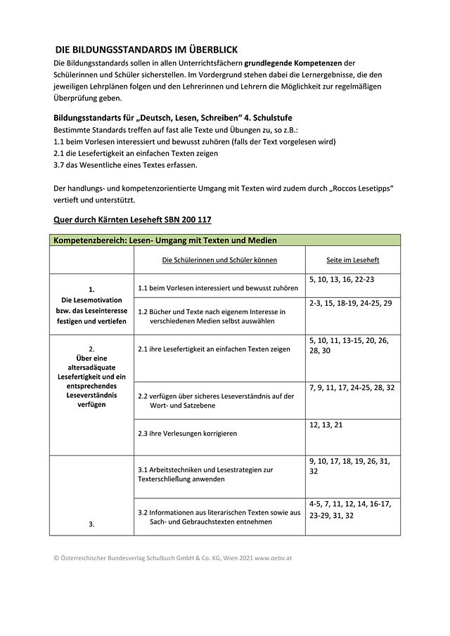 Leseheft Kärnten Liste Bildungsstandards Lesen