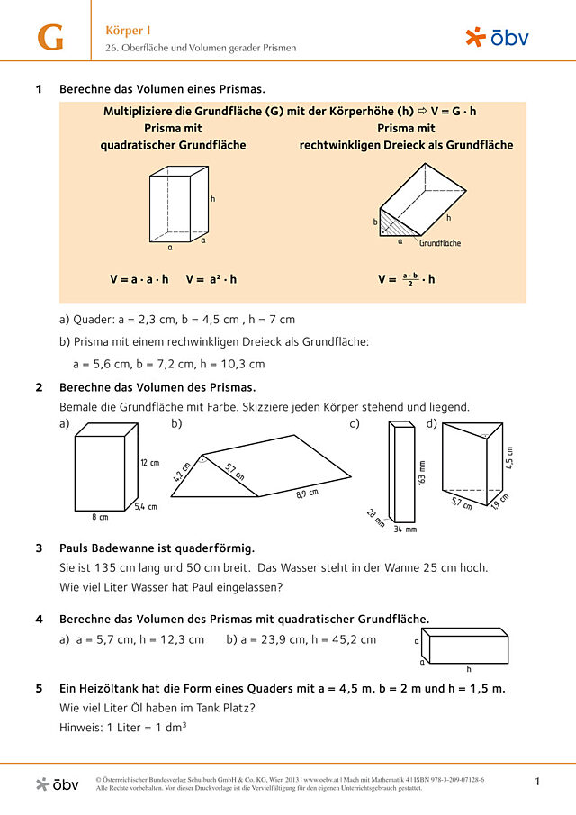 26. Oberfläche und Volumen gerader Prismen