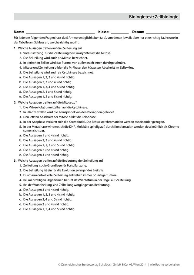 Biologietest: Zellbiologie