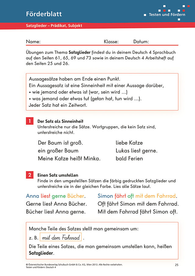 Satzglieder - Prädikat, Subjekt