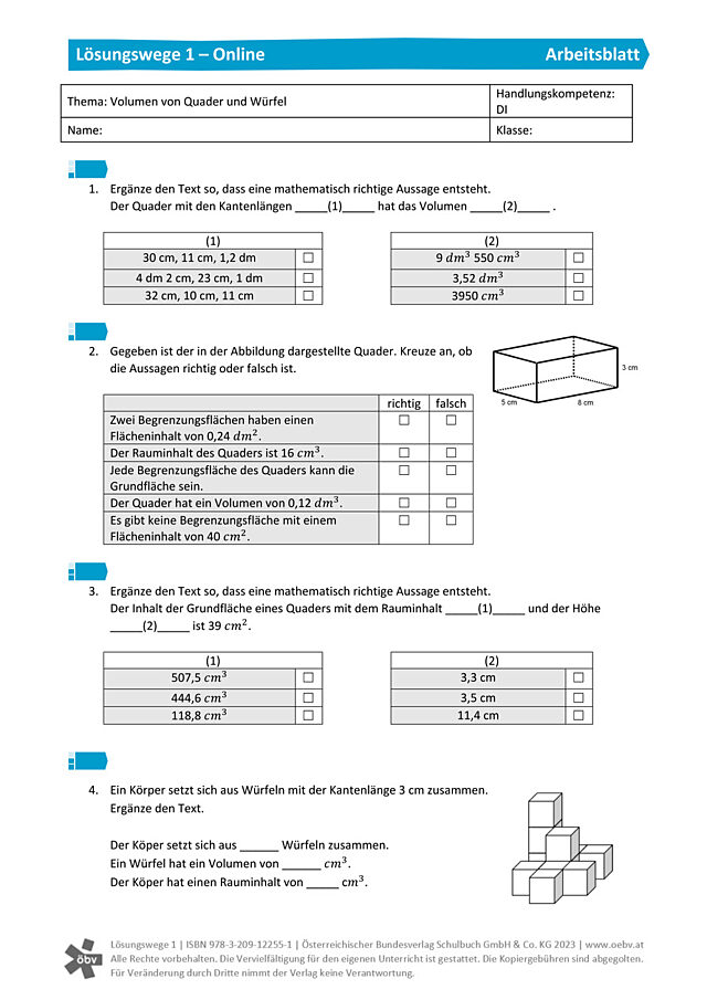 Volumen von Quader und Würfel 2