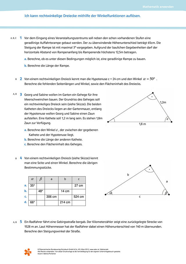 rechtwinkelige Dreiecke mithilfe der Winkelfunktionen auflösen