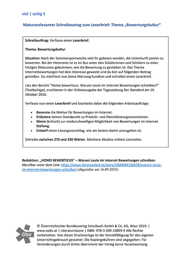 Textproduktion Leserbrief Bewertungskultur
