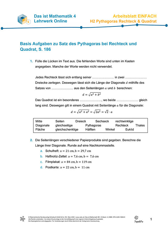 Üben - Satz des Pythagoras bei Rechteck und Quadrat