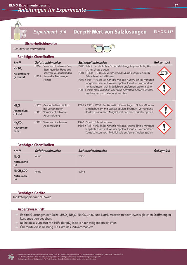 Experimenteanleitung 5.4 "Der pH-Wert von Salzlösungen“