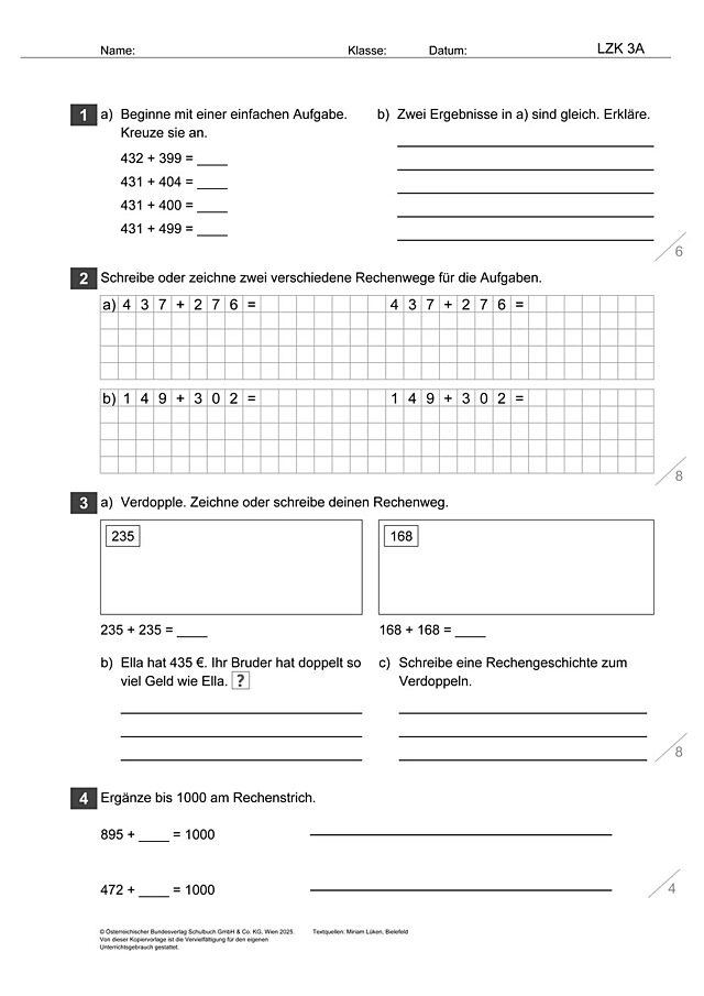 Das Zahlenbuch 3, Lernzielkontrolle 3A