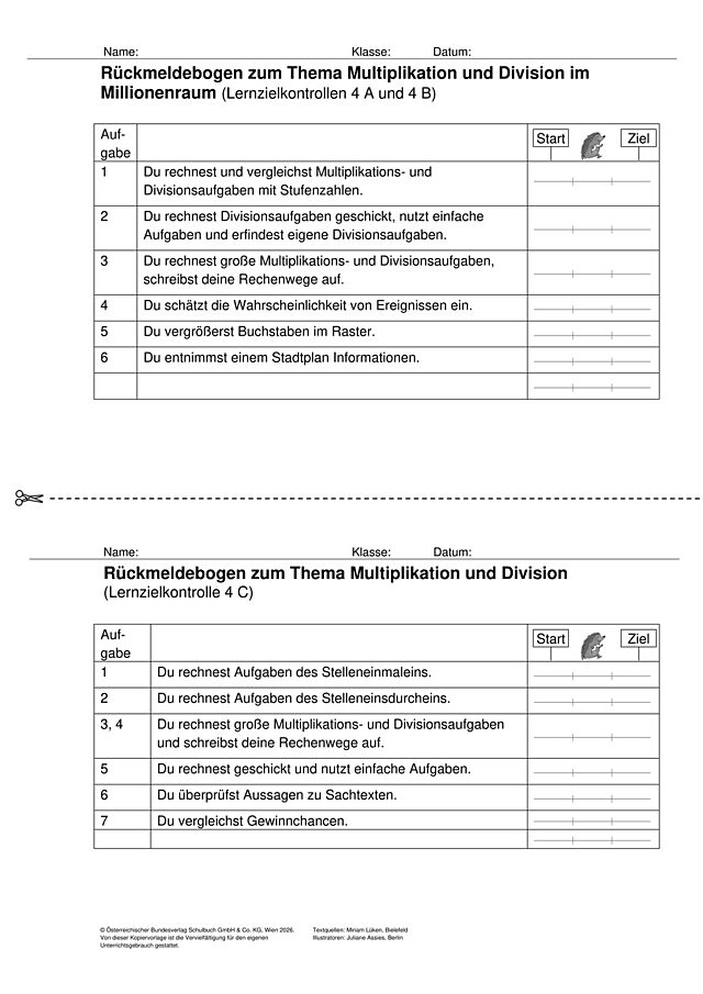 Das Zahlenbuch 4, Lernzielkontrolle 4 Rückmeldebogen