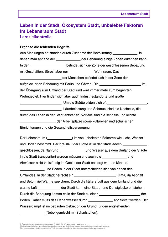 Leben in der Stadt, Ökosystem Stadt, Unbelebte Faktoren im Lebensraum Stadt