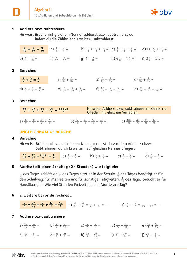 13. Addieren und Subtrahieren mit Brüchen