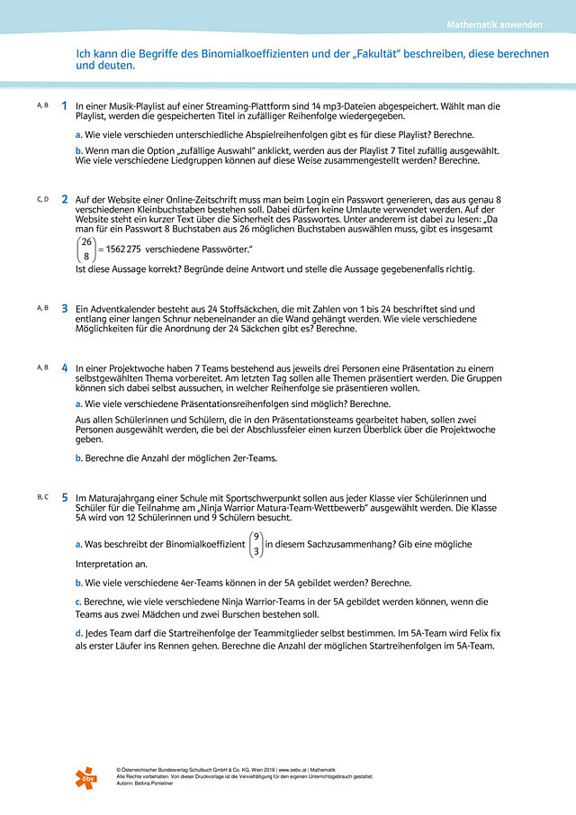 Ich kann die Begriffe des Binomialkoeffizienten und der „Fakultät“ beschreiben, diese berechnen und deuten.