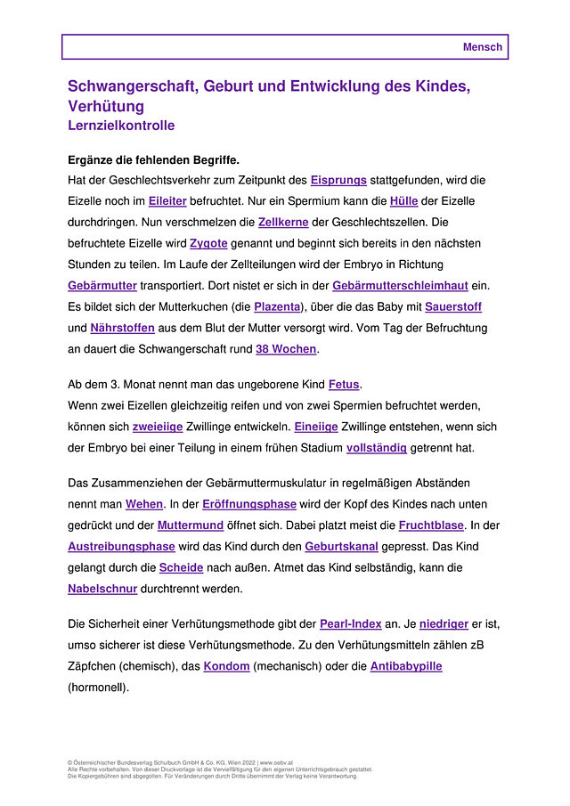 Schwangerschaft, Geburt und Entwicklung des Kindes, Verhütung