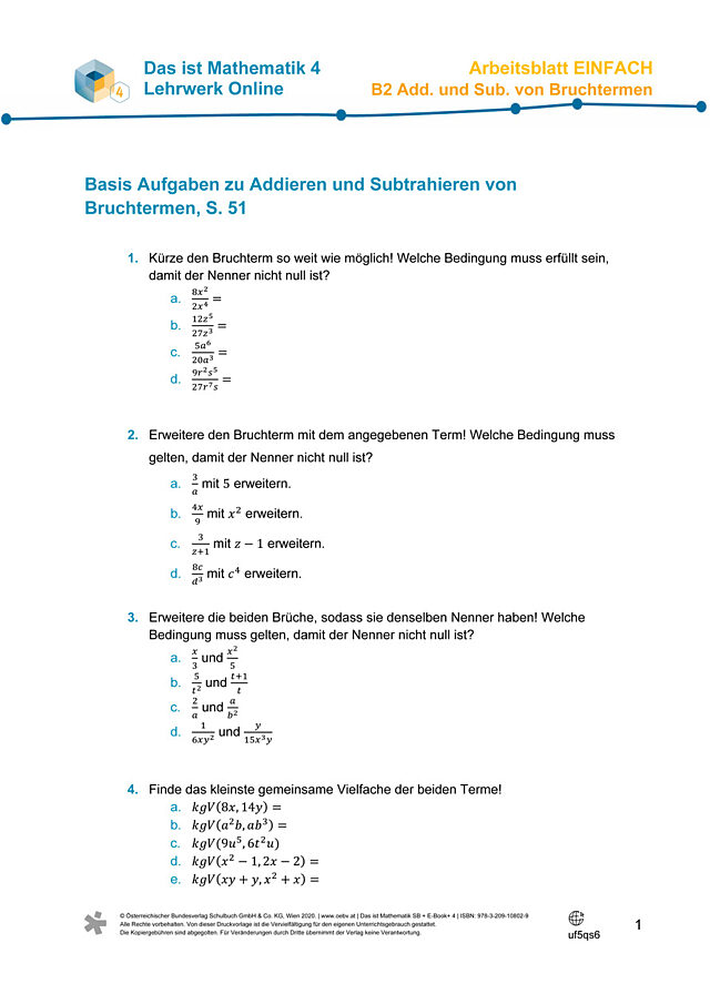 Üben - Addieren und Subtrahieren von Bruchtermen