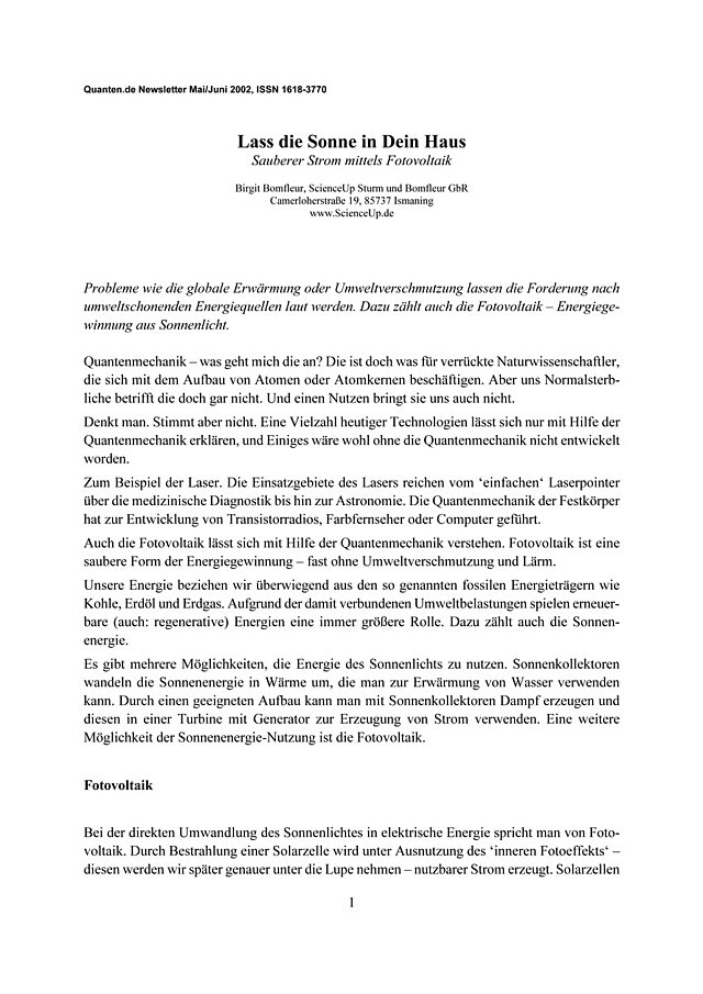 Lass die Sonne in dein Haus - Artikel über Fotovoltaik