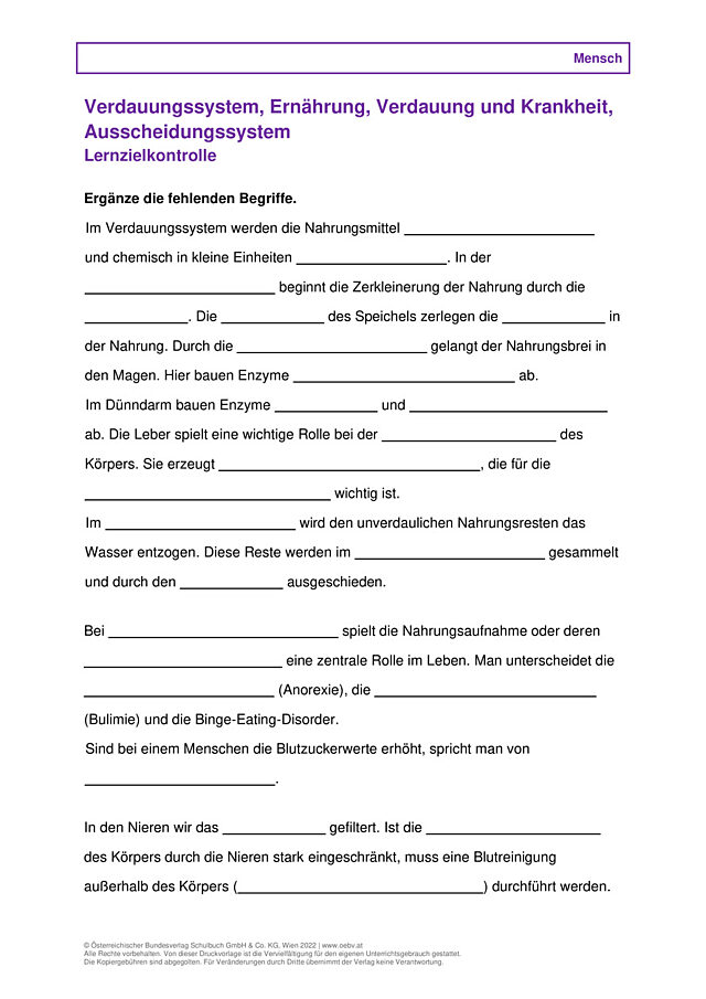 Verdauungssystem, Ernährung, Verdauung und Krankheit, Ausscheidungssystem