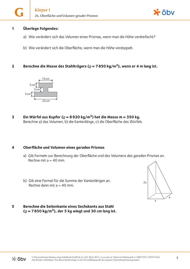 26. Oberfläche und Volumen gerader Prismen