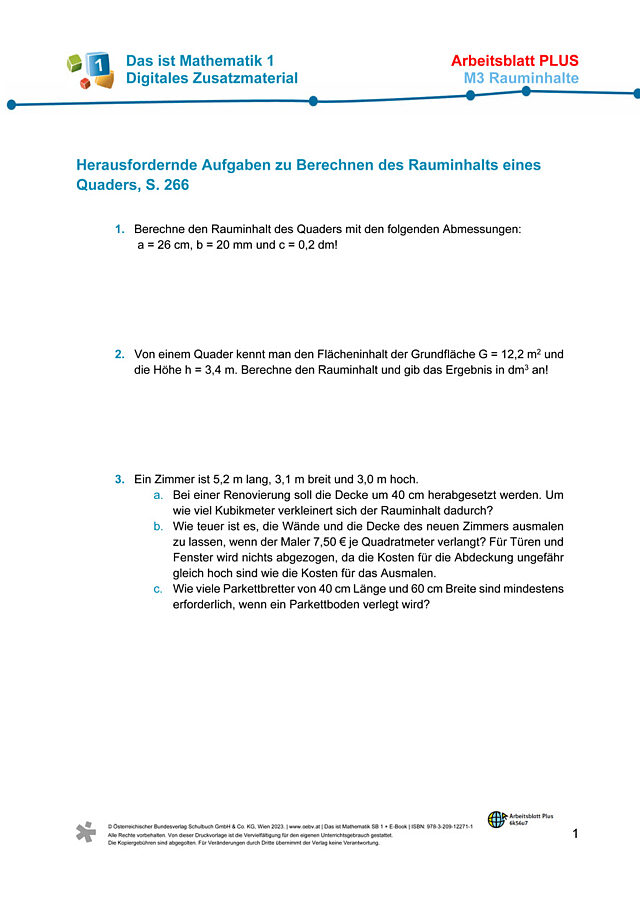 Plus AB zu M3 Berechnen des Rauminhalts eines Quaders
