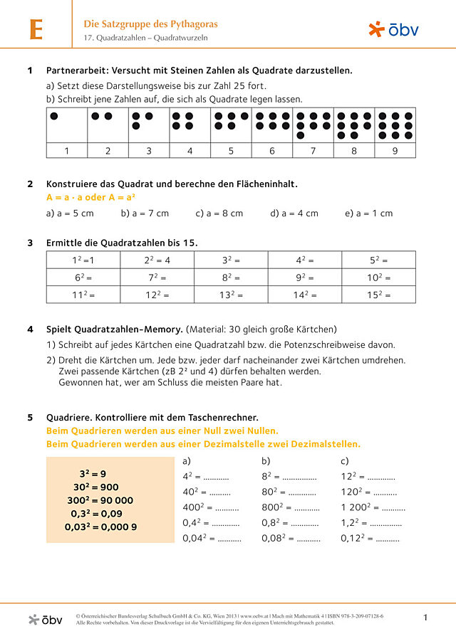 17. Quadratzahlen – Quadratwurzeln
