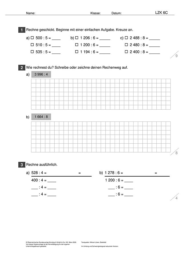 Das Zahlenbuch 4, Lernzielkontrolle 6C