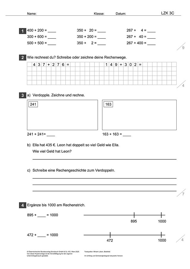 Das Zahlenbuch 3, Lernzielkontrolle 3C