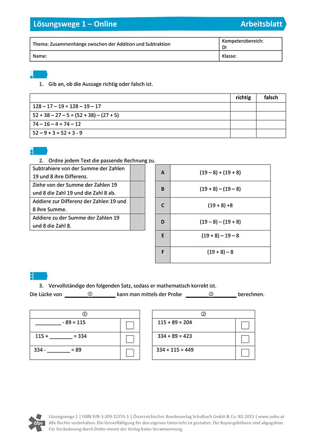 Zusammenhänge zwischen der Addition und Subtraktion