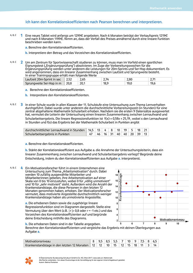Ich kann den Korrelationskoeffizienten nach Pearson berechnen und interpretieren.
