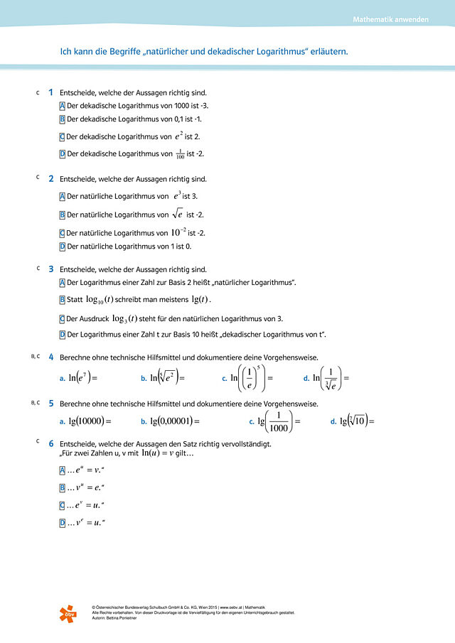 die Begriffe "natürlicher und dekadischer Logarithmus" erläutern