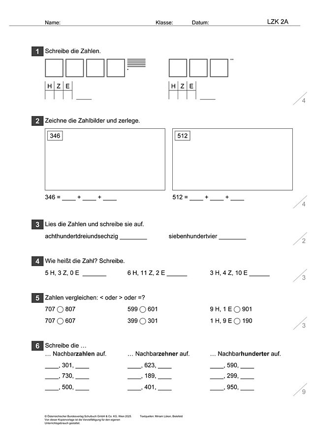 Das Zahlenbuch 3, Lernzielkontrolle 2A