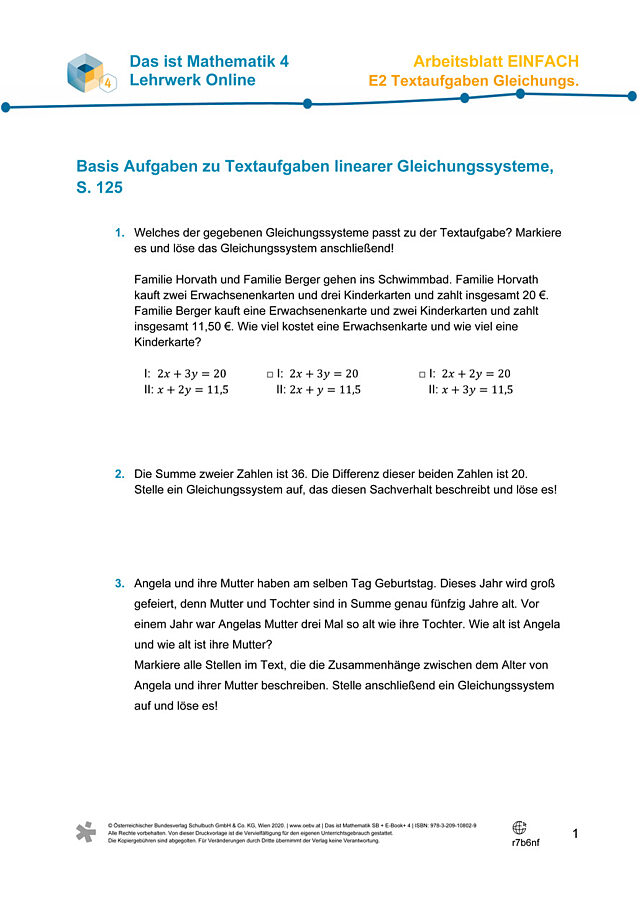 Üben - Textaufgaben lineare Gleichungssysteme