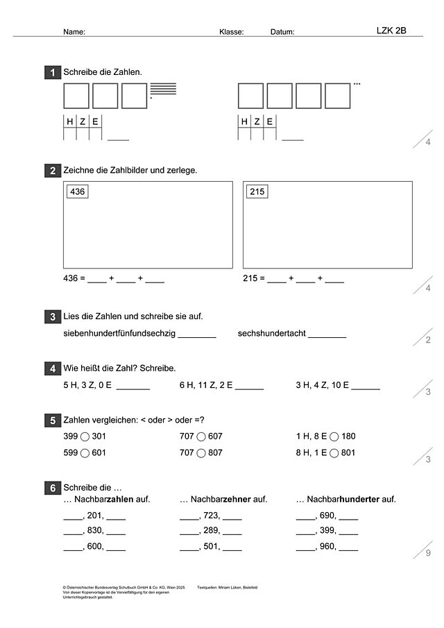 Das Zahlenbuch 3, Lernzielkontrolle 2B