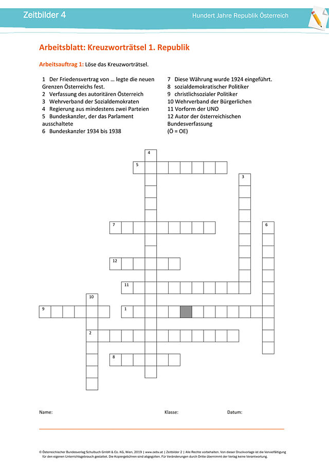 Kreuzworträtsel 1. Republik