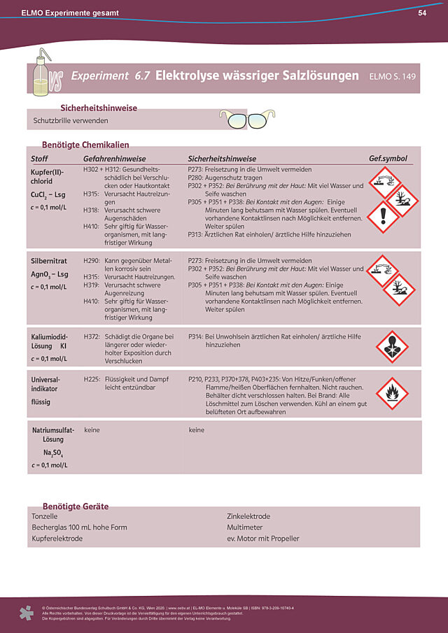 Experimenteanleitung 6.7 „Elektrolyse wässriger Salzlösungen“