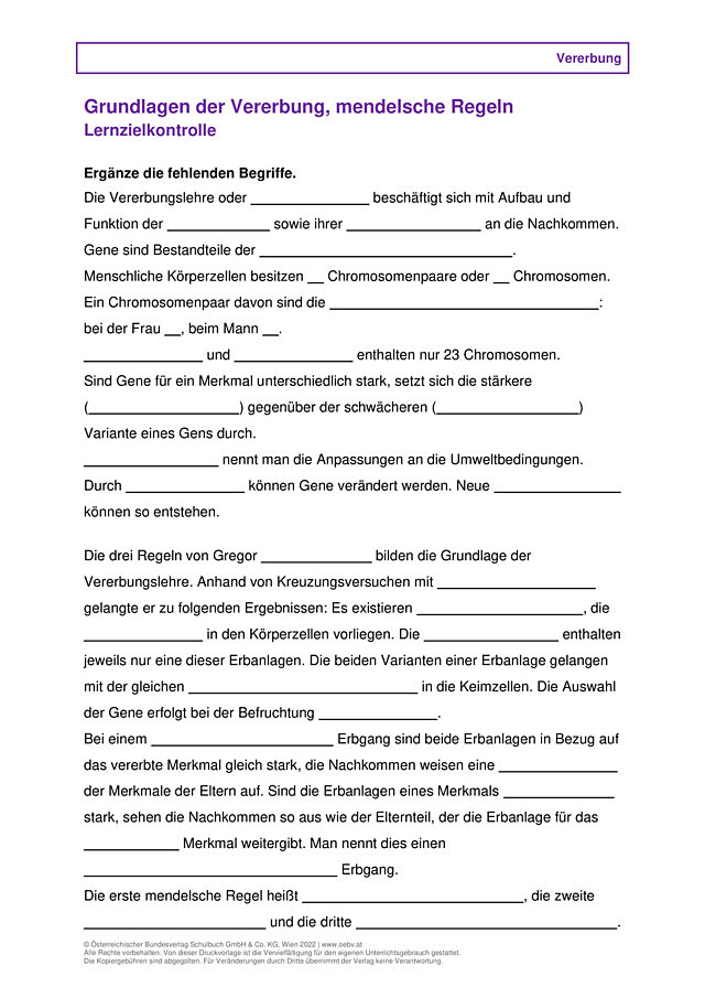 Grundlagen der Vererbung, mendelsche Regeln