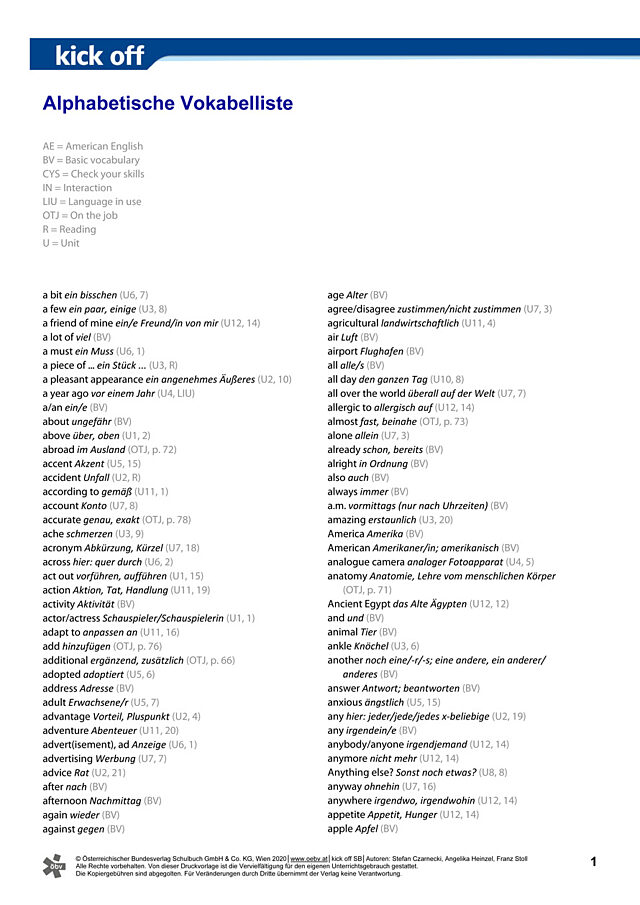 Alphabetische Vokabelliste