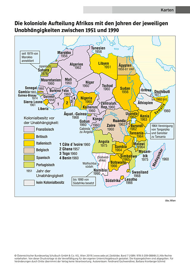 Die koloniale Aufteilung Afrikas mit den Jahren der jeweiligen Unabhängigkeiten zwischen 1951 und 1990