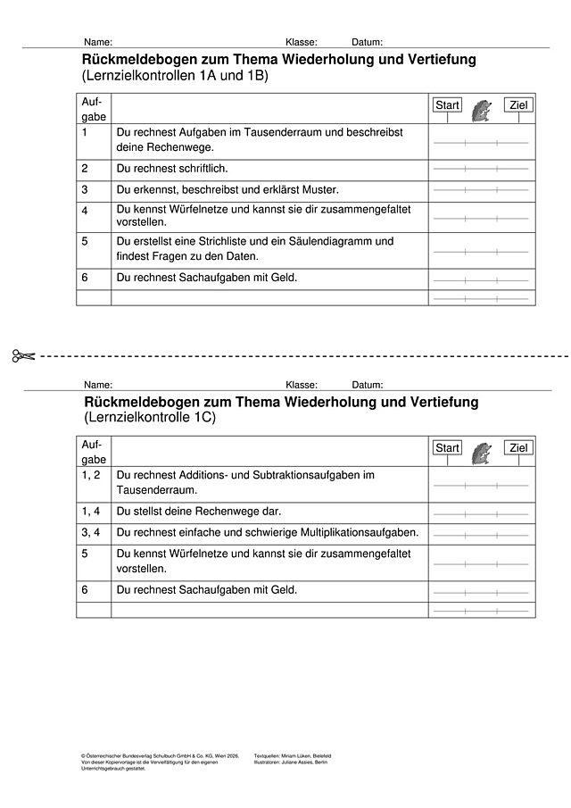 Das Zahlenbuch 4, Lernzielkontrolle 1 Rückmeldebogen