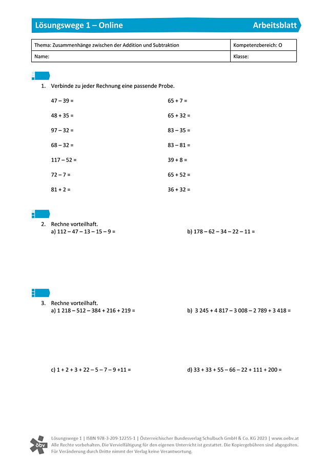 Zusammenhänge zwischen der Addition und Subtraktion