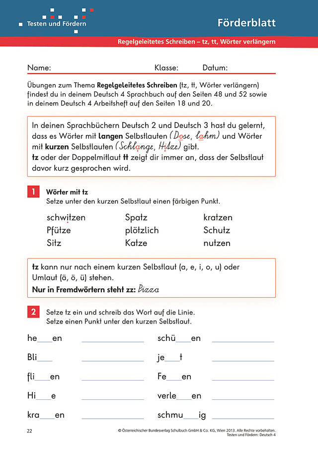 Regelgeleitetes Schreiben (tz, tt, Wörter verlängern)