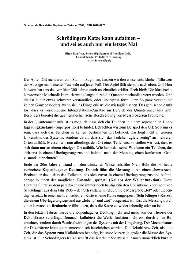 Schrödingers Katze kann aufatmen