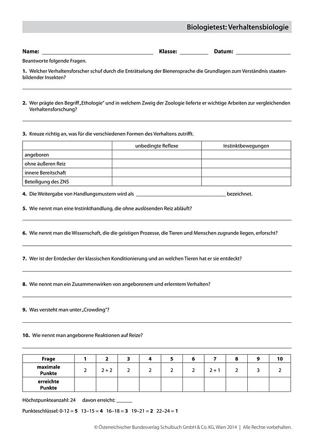 Biologietest: Verhaltensbiologie 1