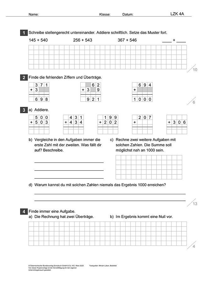 Das Zahlenbuch 3, Lernzielkontrolle 4A