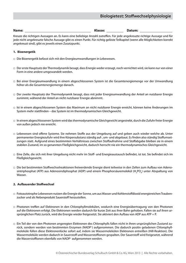 Biologietest: Stoffwechselphysiologie