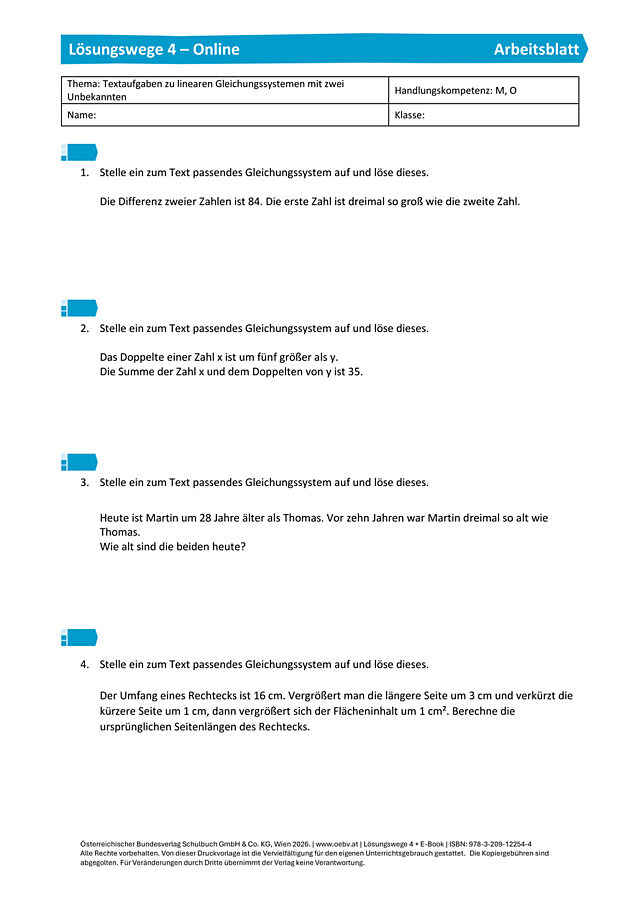 Textaufgaben zu linearen Gleichungssystemen mit zwei Variablen