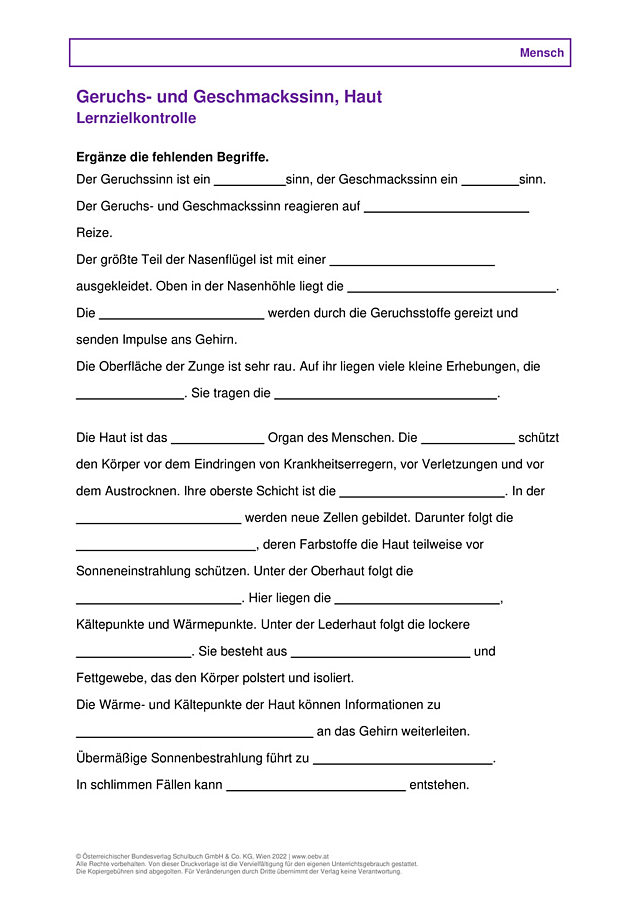 Geruchs- und Geschmackssinn, Haut