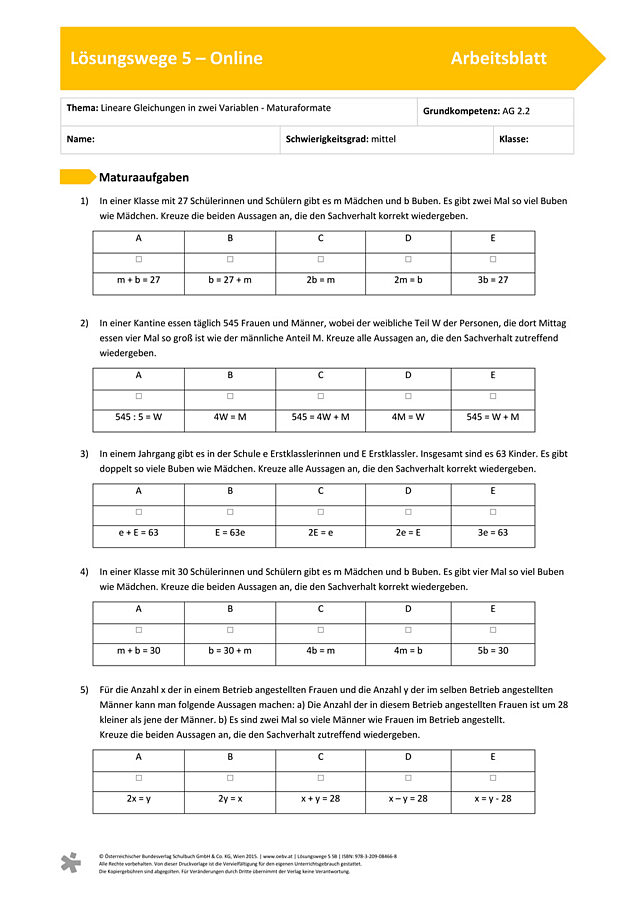 Lineare Gleichungen in zwei Variablen - Maturaformate